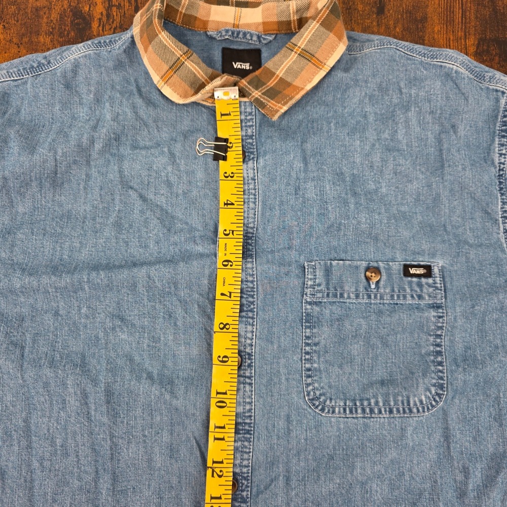 Vans Button Up Shirt Mens Small Denim Blue Plaid‎ Collar Casual Loose Fit Skate - Picture 7 of 8